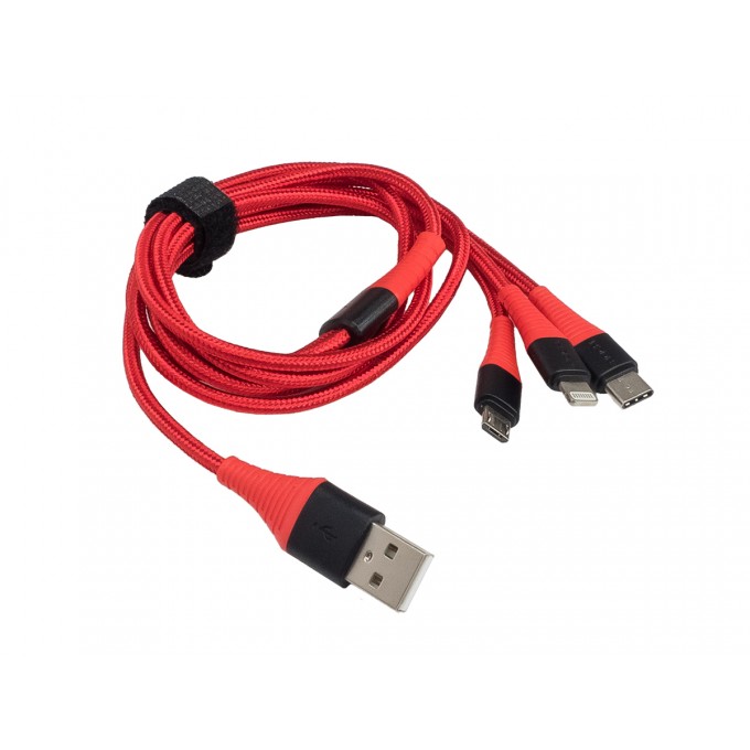 Зарядный кабель AURA , USB > Lightning/MicroUSB/Type C, красный, 1,2 метра TPC-U32R